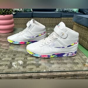 Fila FX-100 Retro White Hi-Top – Neon Splatter Sole – Women 7.5